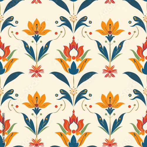 Vibrant floral pattern featuring orange and red flowers with green leaves on cream background, perfect for adding touch of elegance to any design project