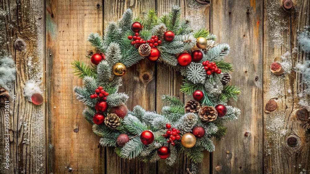 Frosted Evergreen Wreath Adorned with Festive Red and Gold Ornaments Against a Rustic Wooden Background Frosted Evergreen Wreath Adorned with Festive Red and Gold Ornaments Against a Rustic Wooden Background