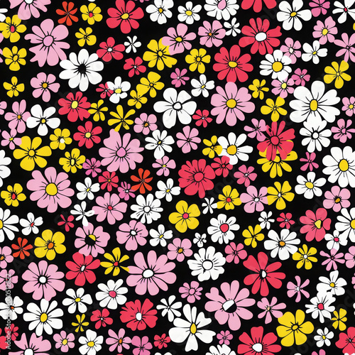 Colorful floral pattern featuring various flowers in pink, white, yellow, and red against black background, creating vibrant and cheerful design