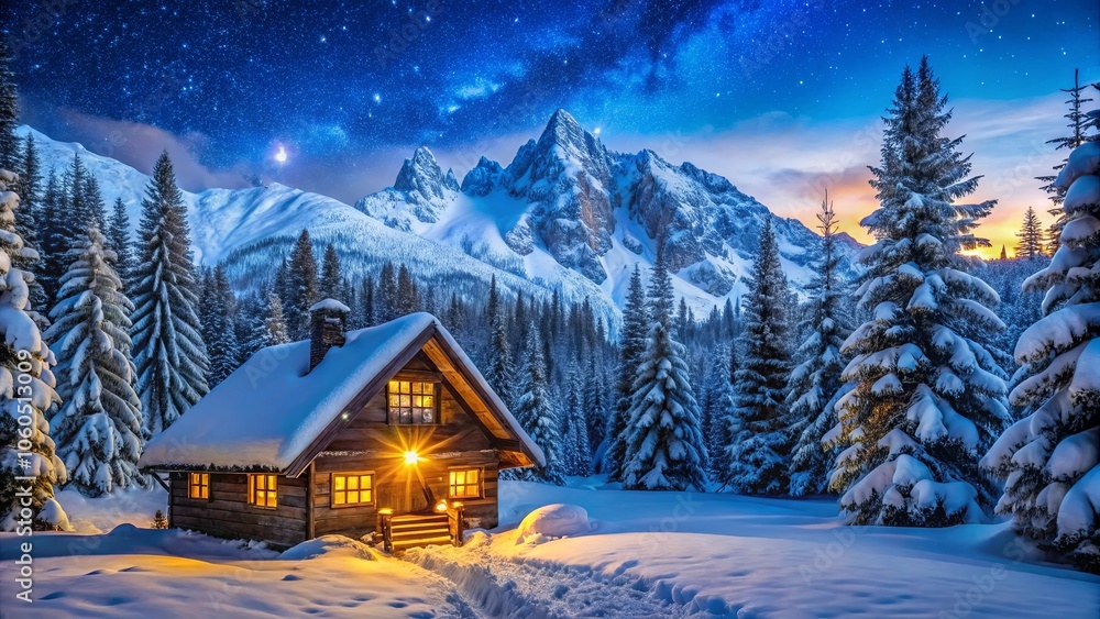 A cozy cabin glows with warm light amidst a snowy landscape, surrounded by majestic snow-laden pines, with a starlit sky and a breathtaking view of towering mountains. A cozy cabin glows with warm light amidst a snowy landscape, surrounded by majestic snow-laden pines, with a starlit sky and a breathtaking view of towering mountains.