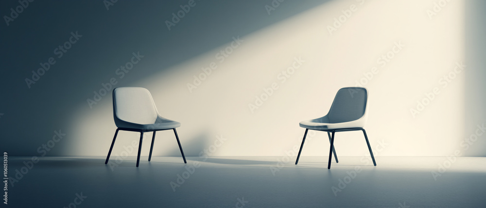 Two White Chairs Facing Each Other in a Minimalist Room with Sunlight Streaming In, Two White Chairs Facing Each Other in a Minimalist Room with Sun Two White Chairs Facing Each Other in a Minimalist Room with Sunlight Streaming In, Two White Chairs Facing Each Other in a Minimalist Room with Sun