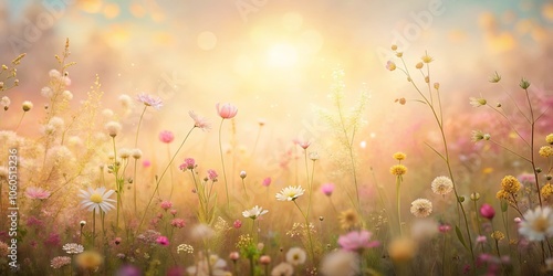 A soft, golden light bathes the meadow, illuminating delicate wildflowers and ethereal blooms, creating a scene of tranquil beauty and delicate wonder.