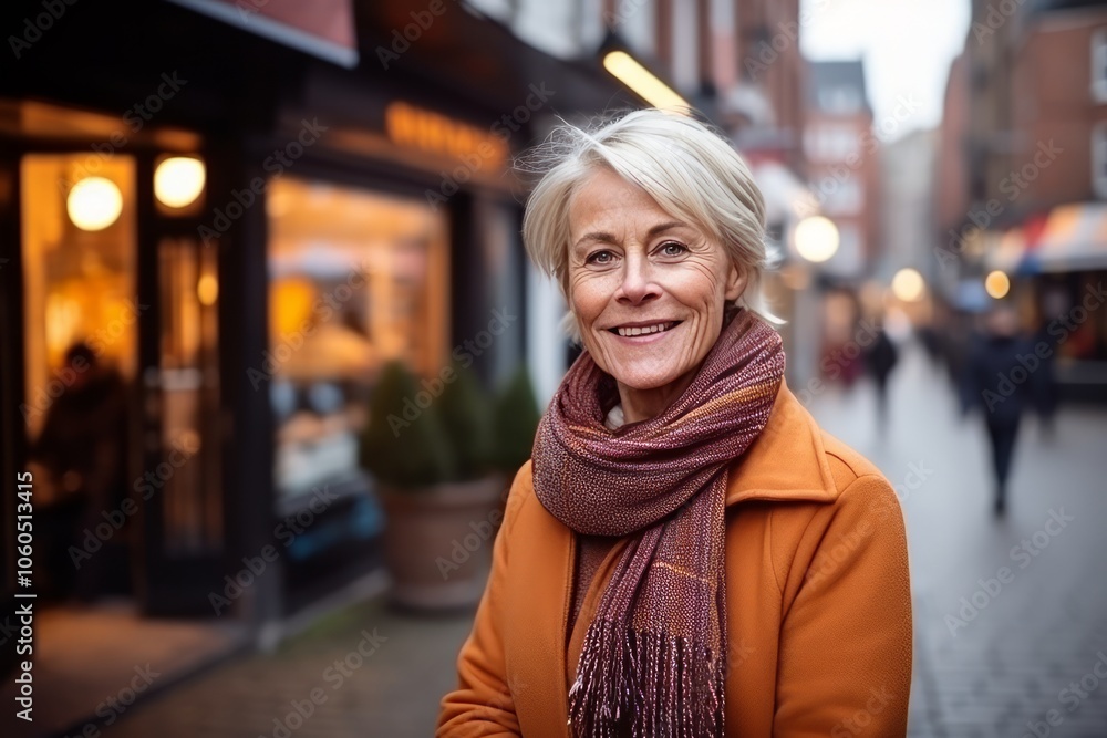 Portrait of a happy senior woman in a city street at night Portrait of a happy senior woman in a city street at night