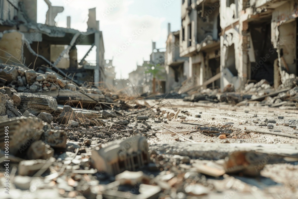Many destroyed buildings in brown landscape after war times. Neural network ai generated art Many destroyed buildings in brown landscape after war times. Neural network ai generated art