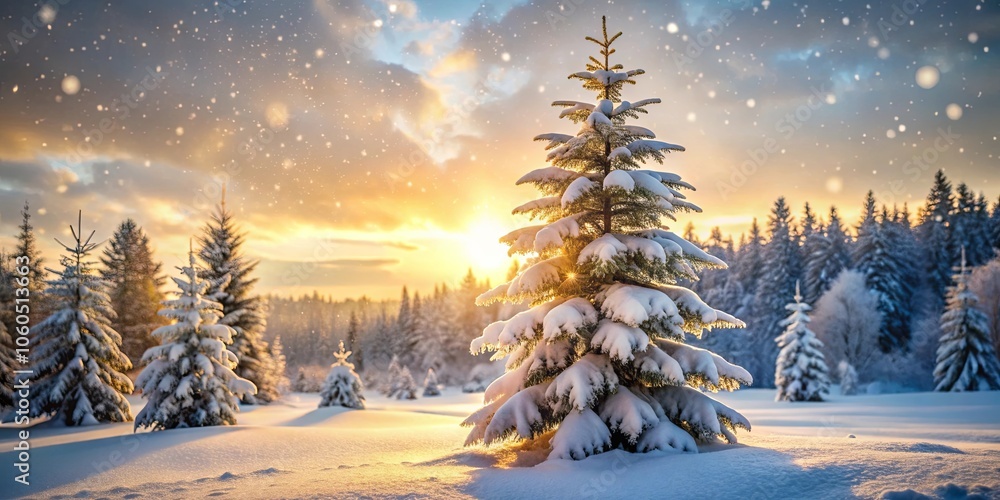 A solitary snow-laden fir tree stands tall amidst a wintery forest, bathed in the golden glow of the setting sun, casting a tranquil and serene atmosphere. A solitary snow-laden fir tree stands tall amidst a wintery forest, bathed in the golden glow of the setting sun, casting a tranquil and serene atmosphere.