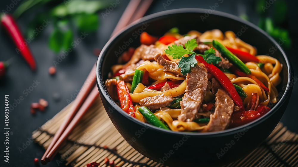 Beef stir fry with noodles, fresh veggies, beef and herbs in a black bowl. Perfect for asian cuisine lovers, cookbooks, and food inspo. Fresh, Vibrant, delicious and authentic. Beef stir fry with noodles, fresh veggies, beef and herbs in a black bowl. Perfect for asian cuisine lovers, cookbooks, and food inspo. Fresh, Vibrant, delicious and authentic.