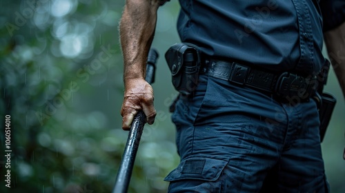 A closeup of a law enforcement officer's hand gripping a baton in a dark, forested environment. photo