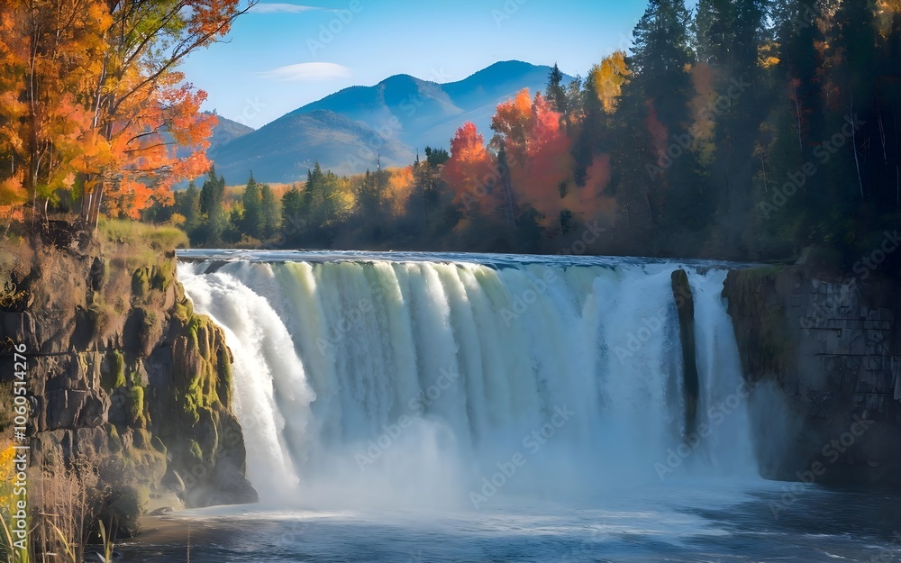 Fototapeta premium Majestic Waterfall Amid Lush Greenery and Forest Landscape