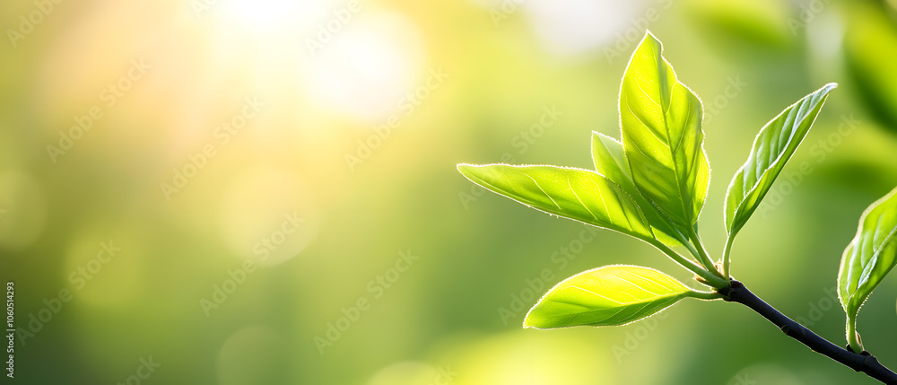 New leaves unfurling on a branch in sunlight illuminate nature's beauty and growth process New leaves unfurling on a branch in sunlight illuminate nature's beauty and growth process
