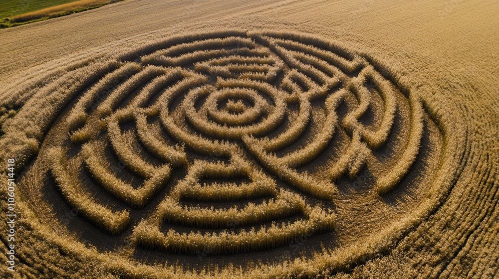 Aerial shot of a complex corn maze in a golden field, showcasing intricate patterns and design Aerial shot of a complex corn maze in a golden field, showcasing intricate patterns and design