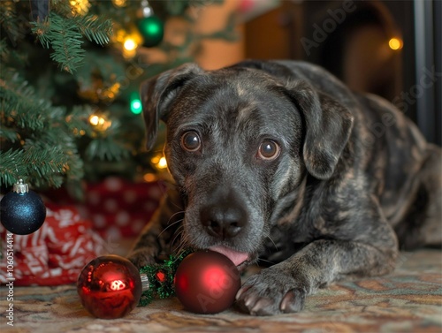 A dog under the decorated Christmas tree