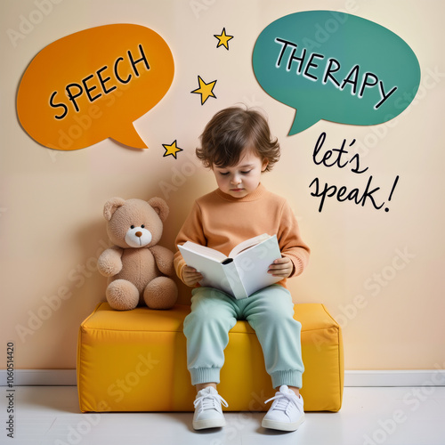 A young child sits reading a book beside a teddy bear, with colorful speech bubbles promoting speech therapy. This engaging image for educational materials, therapy centers, and parenting resources