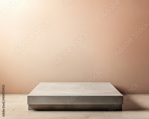 Concrete platform on a wooden surface against a soft pastel background.