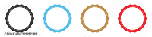Circle frame vector icon set in black, blue, brown and red color. Collection of empty circular stamp simbol. Blank labels or tag circular stamp set of four. Rounded template. Vector illustration.