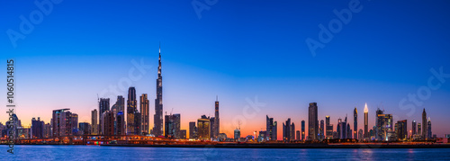 Panoramic view of Dubai cityscape with Burj Khalifa at magic hour