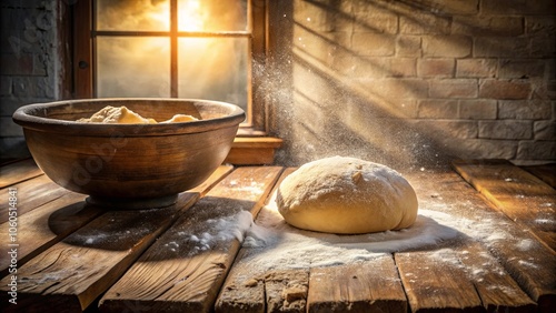 A rustic wooden table with a bowl of flour and a dough ball resting on the surface, illuminated by warm light streaming through a window.