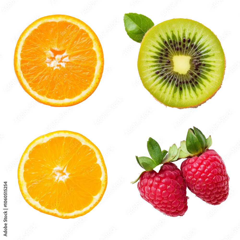 Fresh fruits displayed on a white surface in a colorful arrangement, transparent Fresh fruits displayed on a white surface in a colorful arrangement, transparent