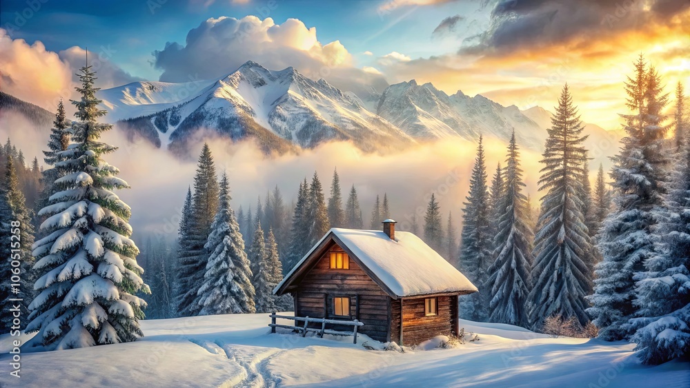 Naklejka premium A Solitary Cabin Nestled Amongst Snow-Covered Evergreens and Majestic Mountain Peaks, Bathed in the Warm Glow of a Golden Sunrise