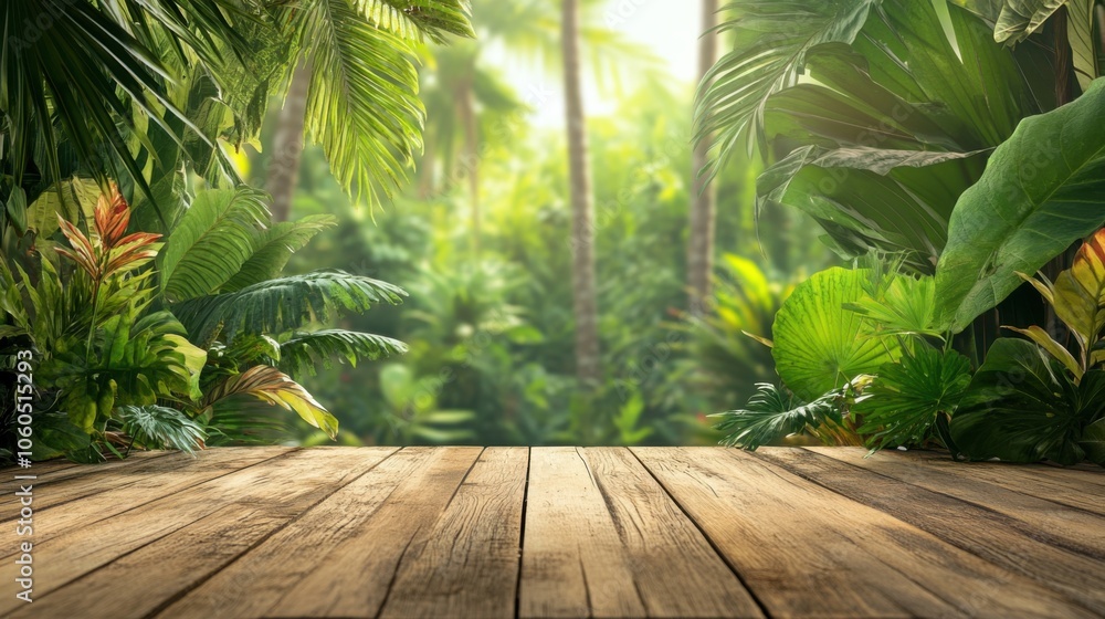 Lush tropical foliage with a wooden deck, serene and inviting nature scene. Lush tropical foliage with a wooden deck, serene and inviting nature scene.