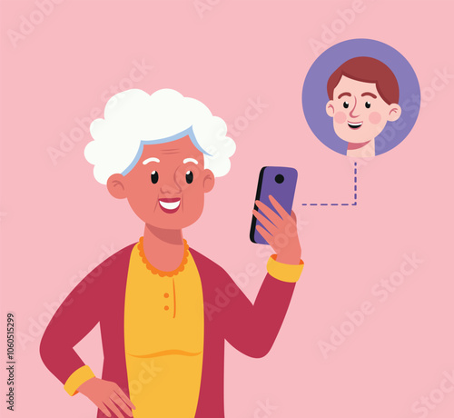 Senior grandmother with dark skin use mobile phone, video call with grandson, taking care of grandchildren. Smiling talk on cellphone. Flat vector concept graphic illustration
