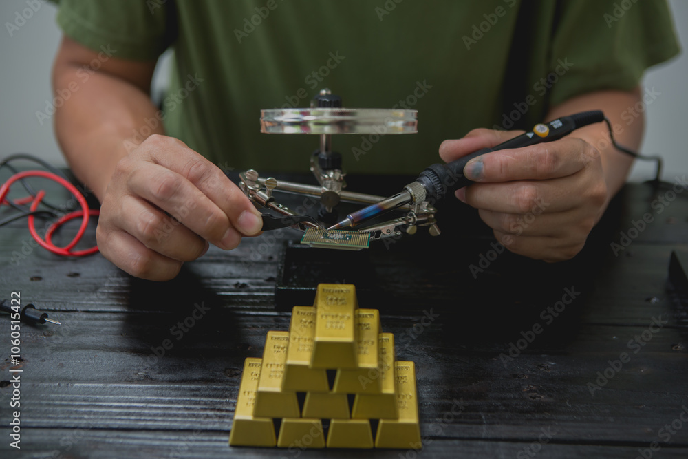 Fototapeta premium Extracting gold from computers involves recovering precious metals from electronic components. This process includes dismantling devices, collecting circuit boards