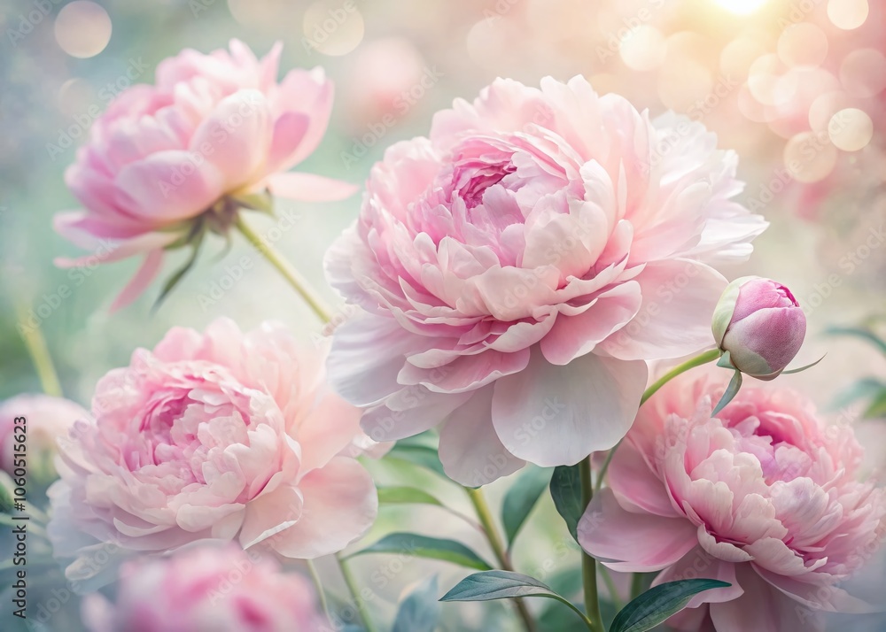 Obraz premium Delicate Pink Peonies in Soft Focus - A Floral Masterpiece with Double Exposure Photography, Nature, Floral Art, Flower Arrangement, Aesthetic Beauty, Soft Colors, Romantic Vibes, Garden Blooms