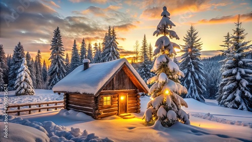 A Cozy Wooden Cabin Nestled Amidst a Snowy Forest with Golden Light Filtering Through the Trees