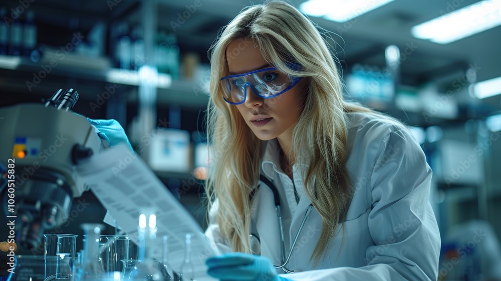 A female scientist in a lab coat, wearing protective goggles, reads research papers while working in a laboratory. A female scientist in a lab coat, wearing protective goggles, reads research papers while working in a laboratory.