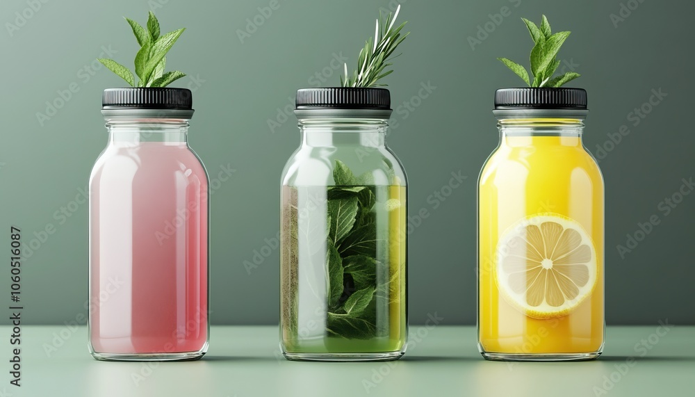Refreshing beverages in glass jars with herbs; vibrant colors include pink, green, and yellow, ideal for hydration and wellness. Refreshing beverages in glass jars with herbs; vibrant colors include pink, green, and yellow, ideal for hydration and wellness.