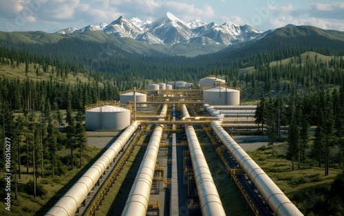 A vast industrial facility with pipelines, storage tanks, and surrounding forests, set against a backdrop of snow-capped mountains.