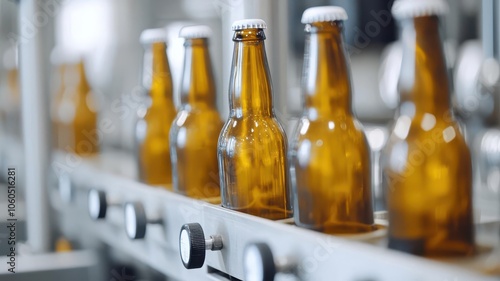 Bottling machinery filling glass bottles with beer in a brewery, beer production line, beverage manufacturing photo