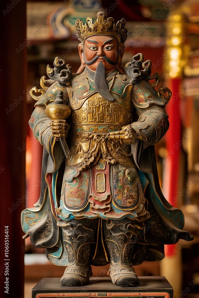 Obraz premium An intricate, colorful statue of a warrior reflects ancient artistry, adding grandeur to the historic temple ambiance.