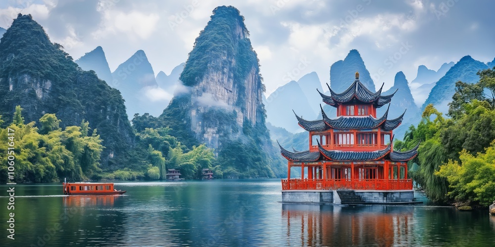 Obraz premium A tranquil scene with a pagoda on a lake, surrounded by misty karst mountains and greenery.