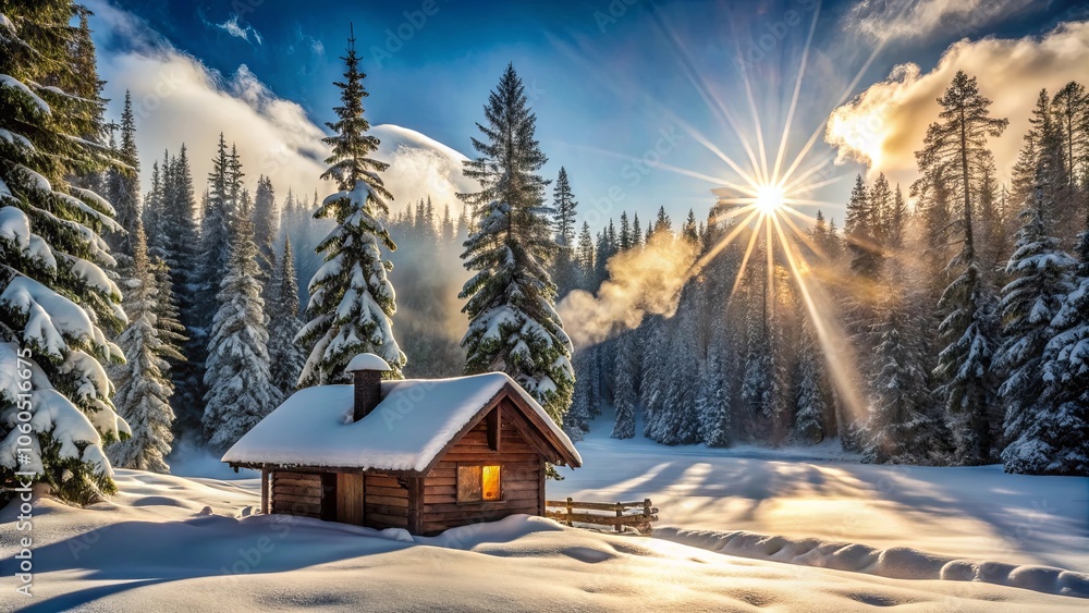 Fototapeta premium A solitary wooden cabin nestled amidst a snow-covered forest, bathed in the warm glow of the rising sun, its chimney emitting a plume of smoke, creating a serene and picturesque winter wonderland.