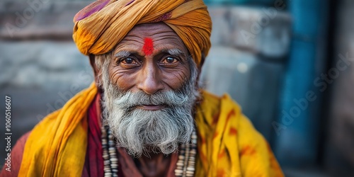 A joyful elderly man with a red mark on forehead, wearing colorful traditional attire and smiling warmly. photo