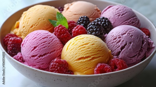 a delightful flat lay of colorful ice cream scoops topped with fresh fruits and berries elegantly arranged in a bowl evoking the joy and refreshment of summer desserts