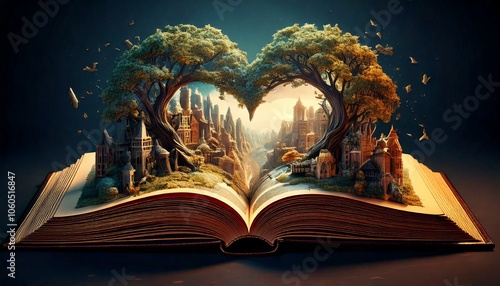 Creation of the worlds in the heart of the book realistic illustration photo