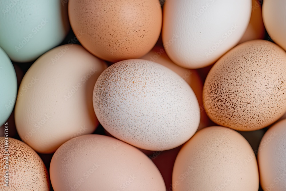 A Colorful Composition of Freshly Laid Eggs Arranged Artfully in a Tight Pile for a Creative Display A Colorful Composition of Freshly Laid Eggs Arranged Artfully in a Tight Pile for a Creative Display