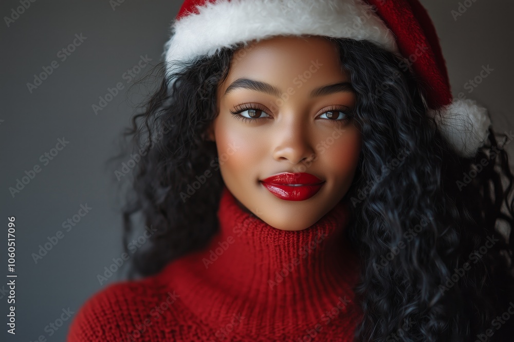 African American woman with long curly hair, red lipstick, red turtleneck sweater, santas hat, white background African American woman with long curly hair, red lipstick, red turtleneck sweater, santas hat, white background