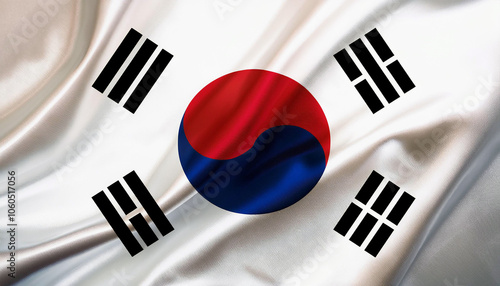 South Korea's Taegukgi: A flowing silk flag, vibrant red, blue, and black symbols on a white background.