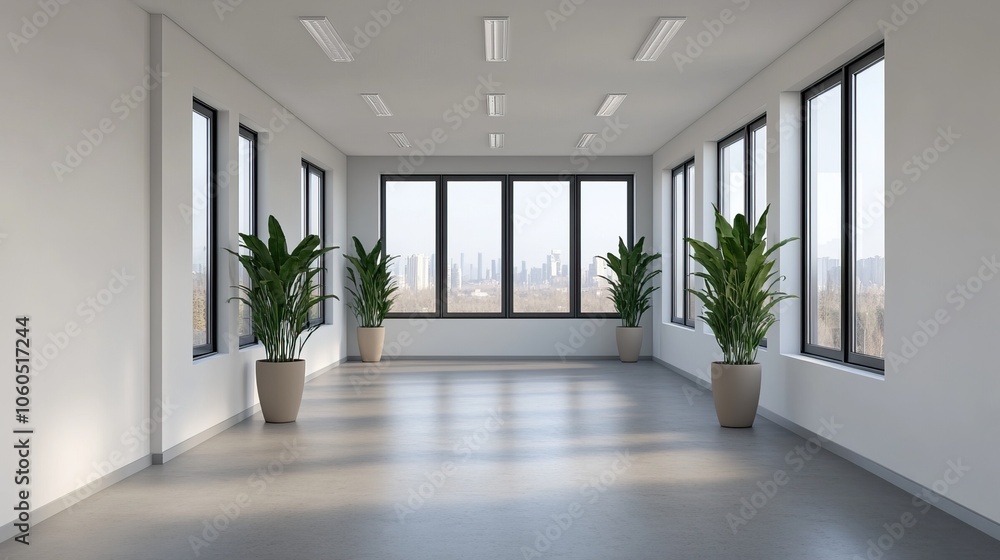 Obraz premium A bright, modern room with large windows and minimal decor, featuring plants in pots, creating a spacious and inviting atmosphere.