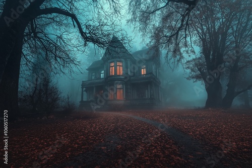 An eerie, old mansion sits shrouded in mist, its windows dimly lit, creating an eerie atmosphere.