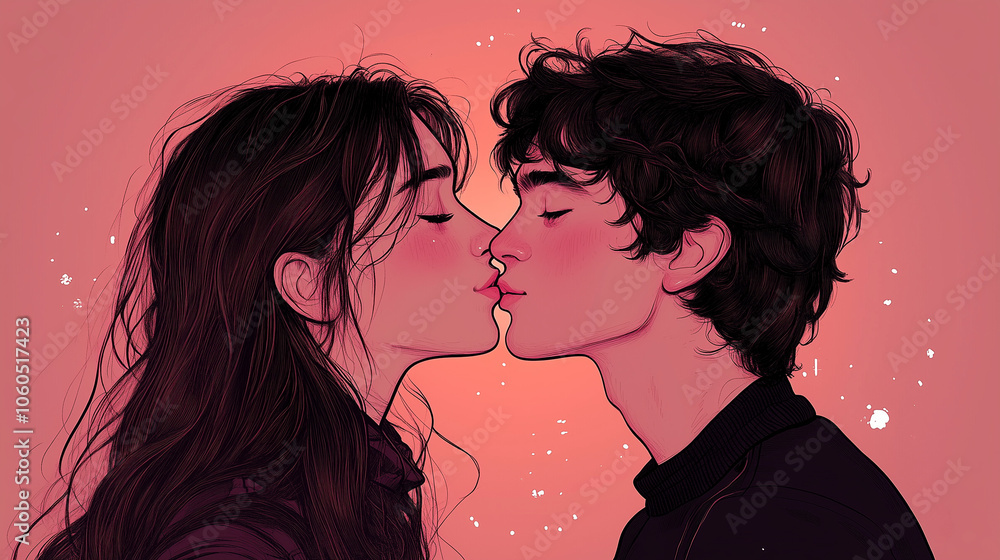 Romantic couple sharing a gentle kiss on pink background Romantic couple sharing a gentle kiss on pink background