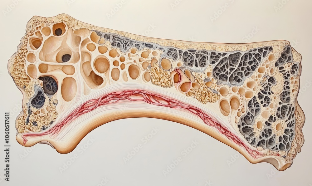 Obraz premium A close-up cross-section of a human bone, perhaps the femur, showing the marrow, blood supply, and the detailed structure of spongy and compact bone