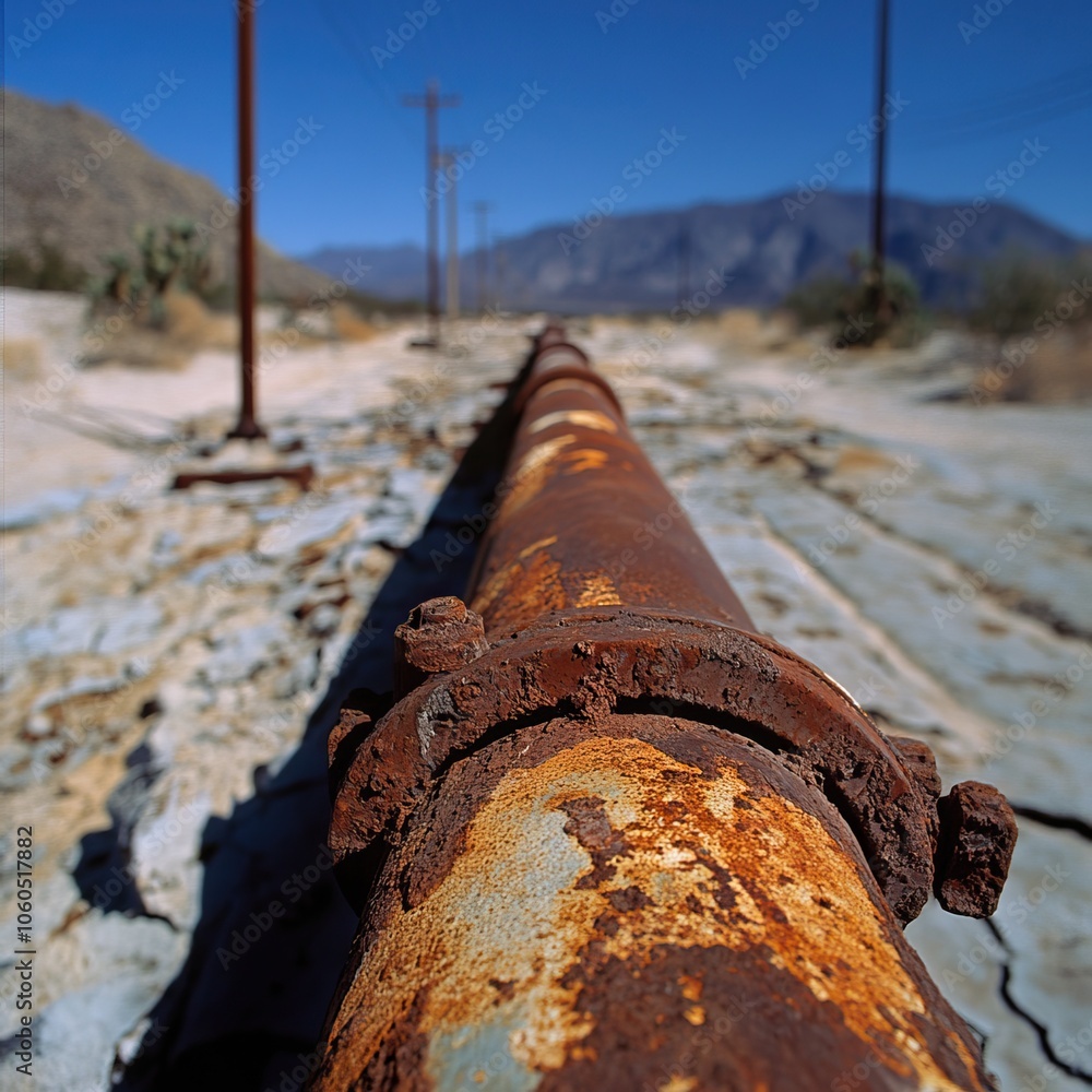 An abandoned, rusted pipe stretches across a desolate, sandy landscape, framed by distant mountains and clear blue skies. An abandoned, rusted pipe stretches across a desolate, sandy landscape, framed by distant mountains and clear blue skies.