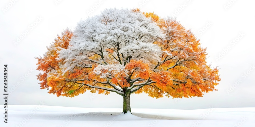 A solitary deciduous tree stands amidst a snowy landscape, its branches adorned with a delicate dusting of white, contrasting vividly with the vibrant autumn hues of its foliage. A solitary deciduous tree stands amidst a snowy landscape, its branches adorned with a delicate dusting of white, contrasting vividly with the vibrant autumn hues of its foliage.