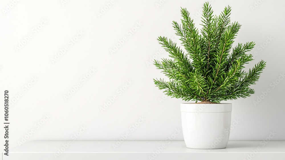 A small, green plant in a white pot sits elegantly on a clean shelf against a minimalist background. A small, green plant in a white pot sits elegantly on a clean shelf against a minimalist background.