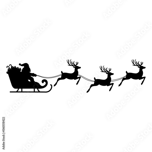 Santa Claus is on a sleigh being pulled by 3 reindeer silhouette illustration
