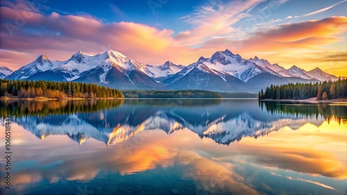 A serene mountain lake reflecting the vibrant hues of the sky during a breathtaking sunrise