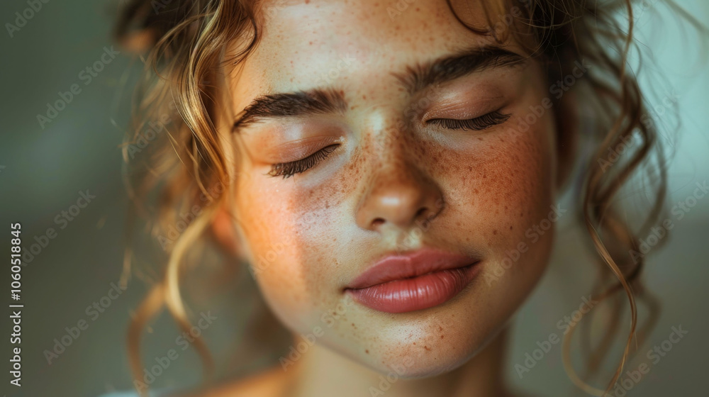Intimate close up of young woman with freckles, eyes closed, and soft expression, capturing serene moment of tranquility and beauty Intimate close up of young woman with freckles, eyes closed, and soft expression, capturing serene moment of tranquility and beauty